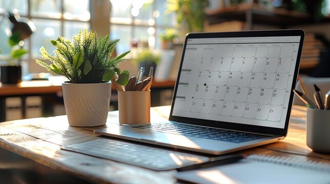 A desk with a calendar that is full.