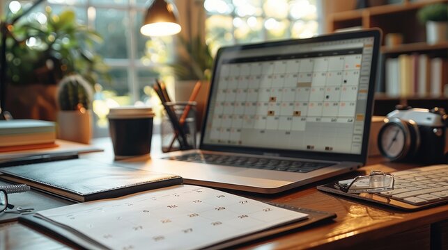 A desk with a calendar that is full.