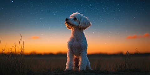 White poodle dog sits in a field at sunset, gazing at the starry night sky.