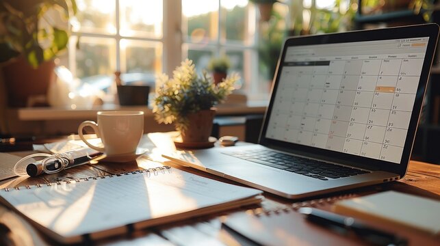A desk with a calendar that is full.
