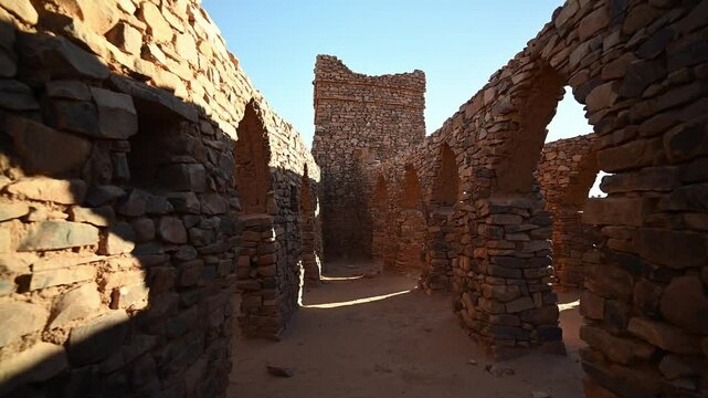 Ouadane or Wadan ancient city, desert of Mauritania. First-person view between ruins