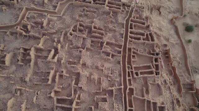 Ouadane or Wadan ancient city, Mauritania in Africa. Aerial forward top-down view