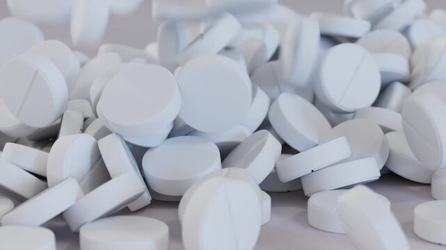 White pills fall and spin on a white surface. 3d illustration