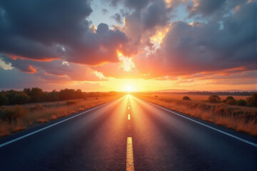 Fototapeta premium A straight road leading towards a vibrant sunset, symbolizing the journey ahead.