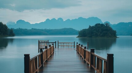 Fototapeta premium Serene Lake View with Wooden Dock and Mountain Landscape