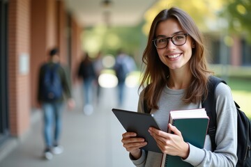 Fototapeta premium Happy Student Holding Tablet And Books On Campus