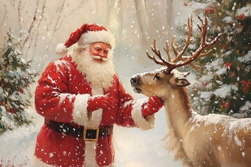 A vintage oil painting of Santa Claus petting a reindeer, with snow falling on a pine forest, classic red suit, jolly expression, surrounded by festive Christmas colors 5