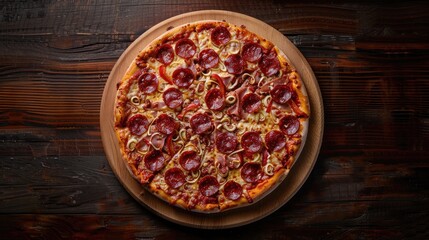 Pizza on wooden surface with dark background viewed from above