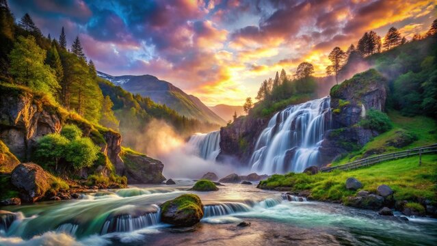 Norway Waterfall Surreal Photography: Majestic Cascades, Dreamlike Scenery, Vattenfall Landscape