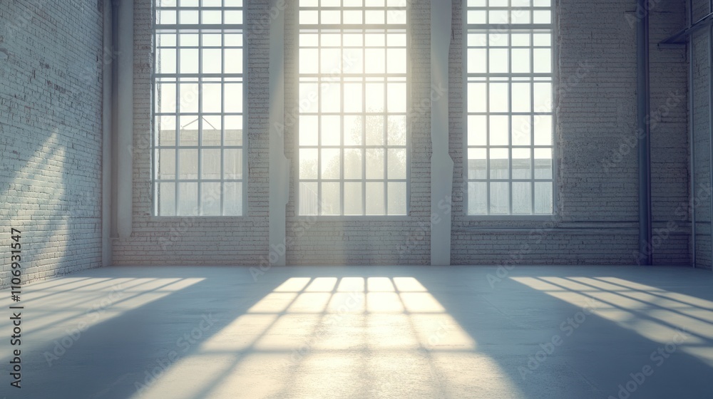 Poster a spacious, sunlit room with large windows casting shadows on the floor.