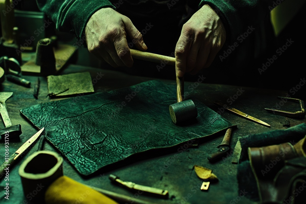 Poster a craftsman using a mallet on a leather piece in a workshop.