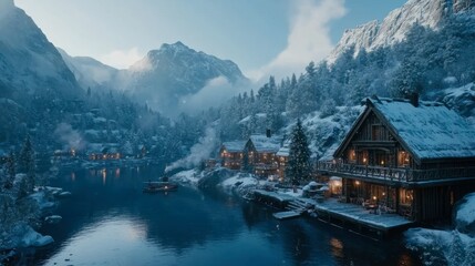 Fototapeta premium Serene Winter Landscape with Cozy Cabins by the Snowy River