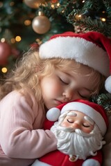 A sleepy child in soft pink pajamas cuddling a Santa toy beside a tall Christmas tree decorated with ribbons, evening ambiance, warm tones, medium shot 1