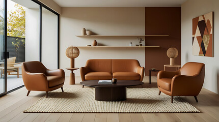 Minimalist living room country style interior  with beige boucle armchairs and sofa furnisher design