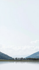 Calm lake reflecting mountains and trees in a tranquil landscape during daylight hours