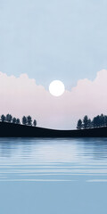 Calm sunset over a serene lake with silhouettes of trees and gentle waves