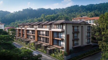Modern apartment building nestled in lush green hills