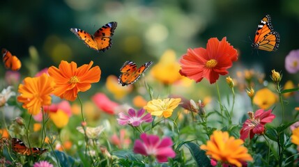 Fototapeta premium Vibrant Garden Scene with Butterflies and Colorful Flowers