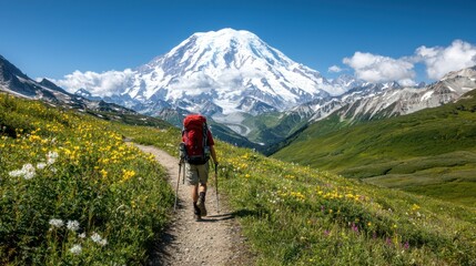 A hiker walks along a trail surrounded by vibrant flowers, with a majestic snow-capped mountain towering in the background under a clear blue sky.
