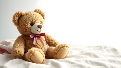 Vintage-style teddy bear sitting on a pastel blanket, soft lighting, white space on top for text. Generative AI