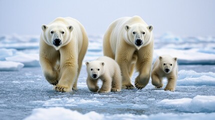 Obraz premium A family of polar bears walks together across a snowy landscape, showcasing their white fur against the icy backdrop.
