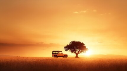 A serene sunset landscape featuring a lone tree and a vehicle, creating a peaceful, adventurous atmosphere.