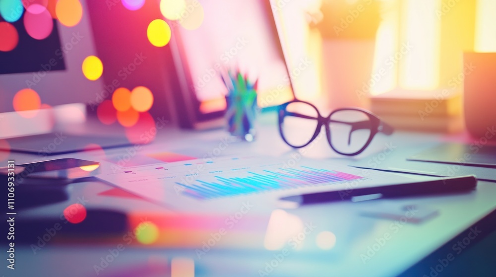 Poster A workspace featuring glasses, documents, and a computer with colorful bokeh effects.
