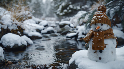 Snowman by a Peaceful Stream in a Snow-Covered Forest

