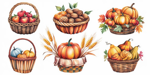 Autumn harvest with pumpkins, apples, and colorful leaves in a basket for Thanksgiving and Halloween celebrations