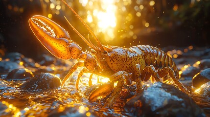 A vibrant lobster stands on rocky terrain, illuminated by warm sunlight, showcasing its detailed shell and prominent claws.