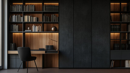 Modern home office with stylish furniture and elegant bookshelf design in warm lighting
