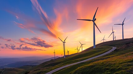 A serene landscape featuring wind turbines on rolling hills at sunset, showcasing vibrant colors in the sky and a winding path.