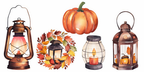 Old oil lamp with red candle and pumpkin lantern for Halloween decoration