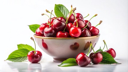 Fresh and Juicy Bowl of Cherries Isolated on White Background Perfect for Summer Recipes and Healthy Eating Concepts with Ample Copy Space for Text or Graphics