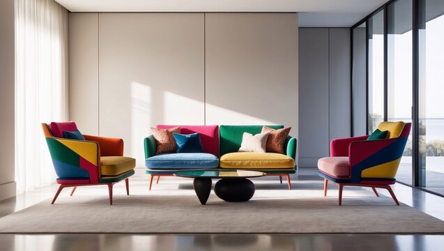 Minimalist interior design of modern living room with vibrant colorful multicolored armchairs.