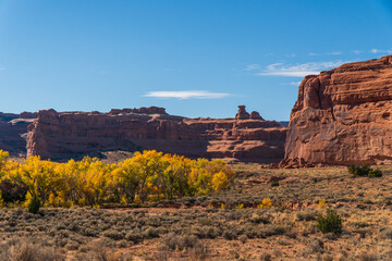 Arches National Park landscapes with mountains, cliffs and vegetation, late autumn. Utah, USA.