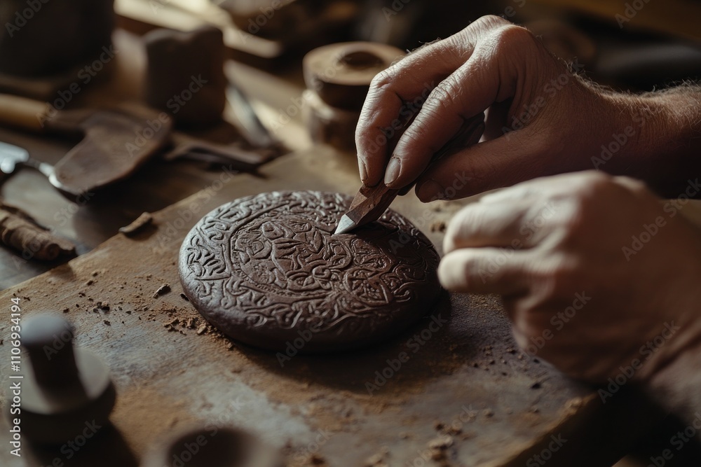 Poster a person carving intricate designs into a round clay piece in a workshop setting.