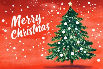 A Christmas tree card in a hand-drawn vintage style, green tree with white dots, bright red background, "Merry Christmas" text in white, vibrant festive colors, retro elements 4