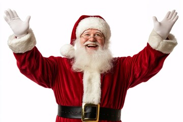 A Santa Claus with a bright red outfit, arms spread wide in a joyful pose, cheerful smile, Cartoon style, white background for simplicity and adaptability 2