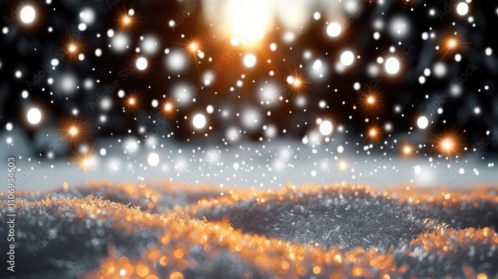 Poster sparkling xmas background with snow and lights.
