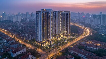Obraz premium Modern Skyscraper Complex at Dusk in an Urban Setting