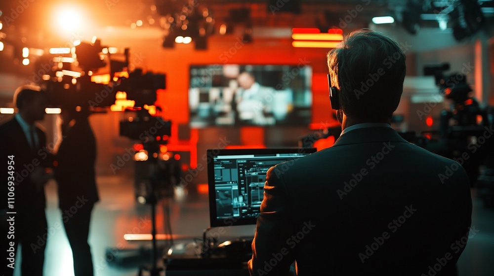 Poster a broadcast studio scene with cameras and a monitor in the background.