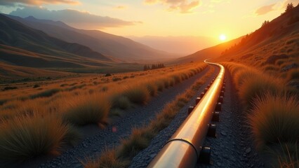 Beautiful golden hour view of an oil pipeline meandering through a valley, harmoniously blending with the surrounding landscape