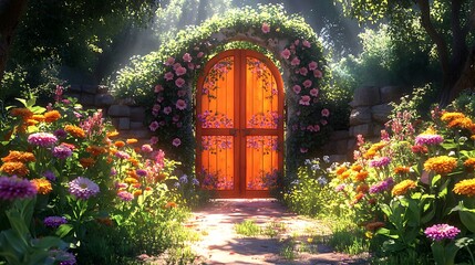 A bright gradient gate blending orange and pink hues, adorned with hand-painted floral designs, surrounded by colorful zinnias and lush greenery, warm sunlight enhancing the vibrant scene, hd quality,