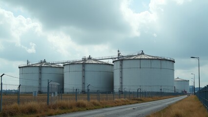 Obraz premium Massive oil storage tanks in industrial zone under cloudy sky with copyspace