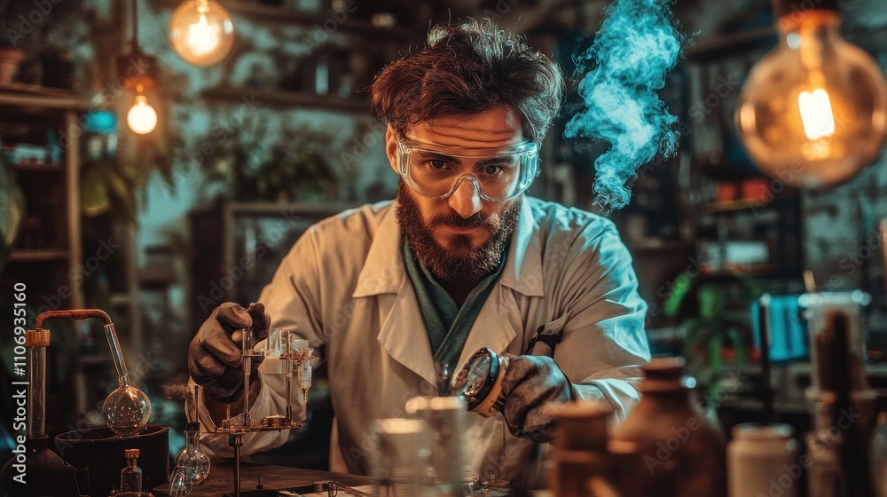 Poster a scientist conducts experiments in a dimly lit laboratory filled with glassware and smoke.