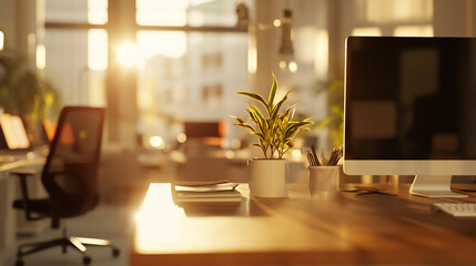 Sunlight illuminates a modern office workspace with plants and a computer