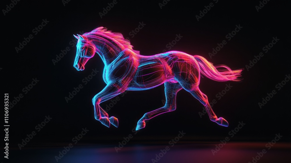 Poster a glowing, abstract representation of a horse in motion, showcasing vibrant colors and lines.