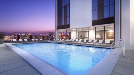 Fototapeta premium Rooftop Pool with City Skyline at Dusk