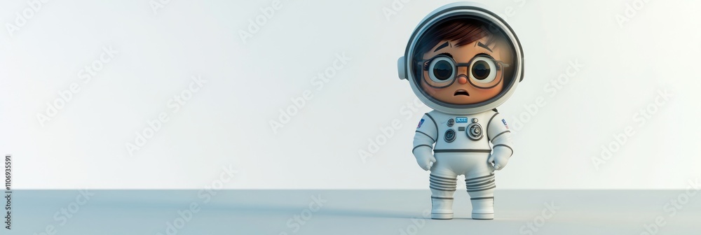 Poster a cartoon character in a spacesuit looks worried against a minimalist background.